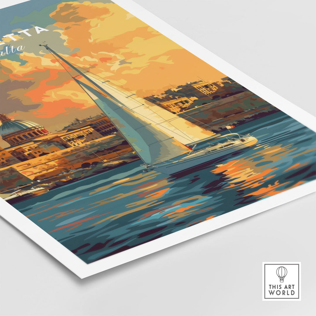 Valletta Malta wall art print featuring a sailboat on water with vibrant cityscape, adding cultural charm to any space.