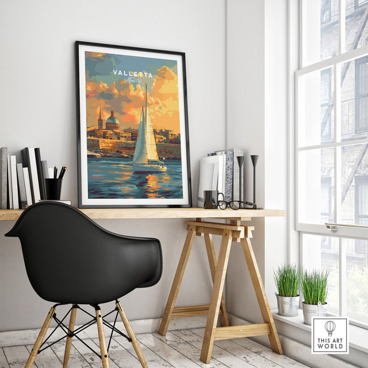 Valletta Malta wall art print in modern room, featuring a sailboat and cityscape, enhancing decor with vibrant culture and architecture.