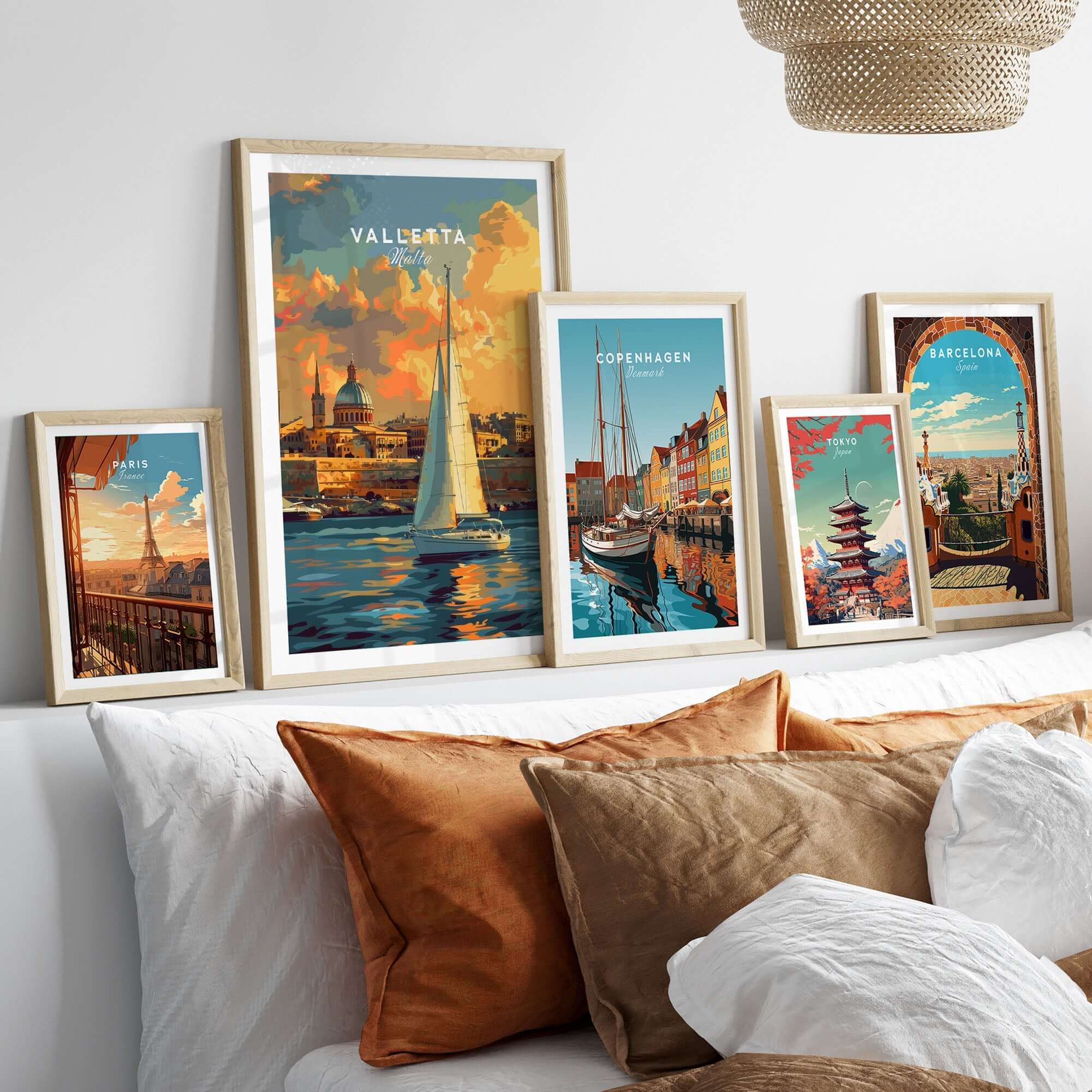 Valletta Malta Wall Art Print featured among other city travel prints in a stylish home decor setting.