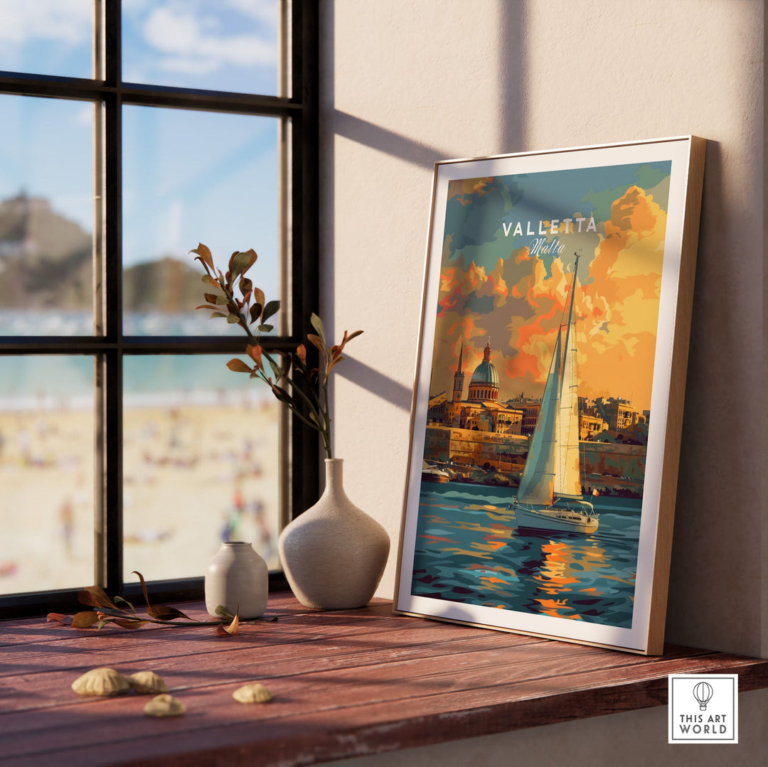 Valletta Malta Wall Art Print with sailboat and historic architecture, enhancing home decor with vibrant cultural imagery.