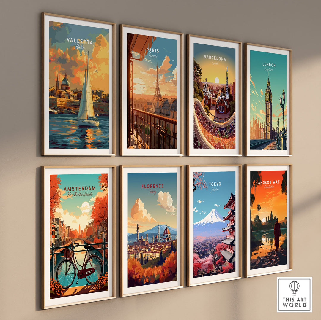 Wall display of city-themed art prints featuring Valletta, Paris, Barcelona, London, Amsterdam, Florence, Tokyo, and Angkor Wat.