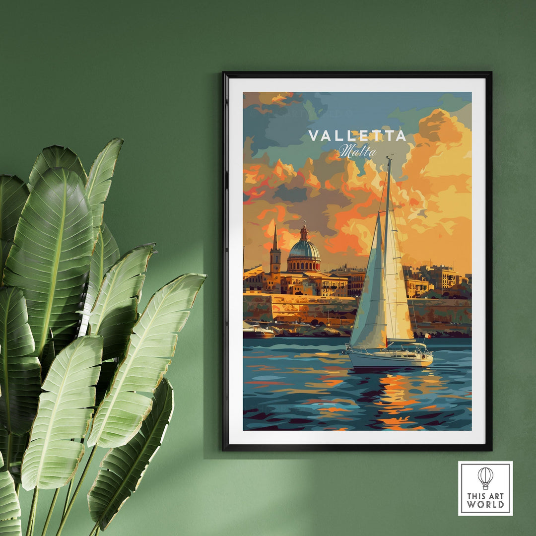 Valletta Malta wall art print with sailboat, vibrant sunset over historic cityscape, perfect for adding inspiration to any space.