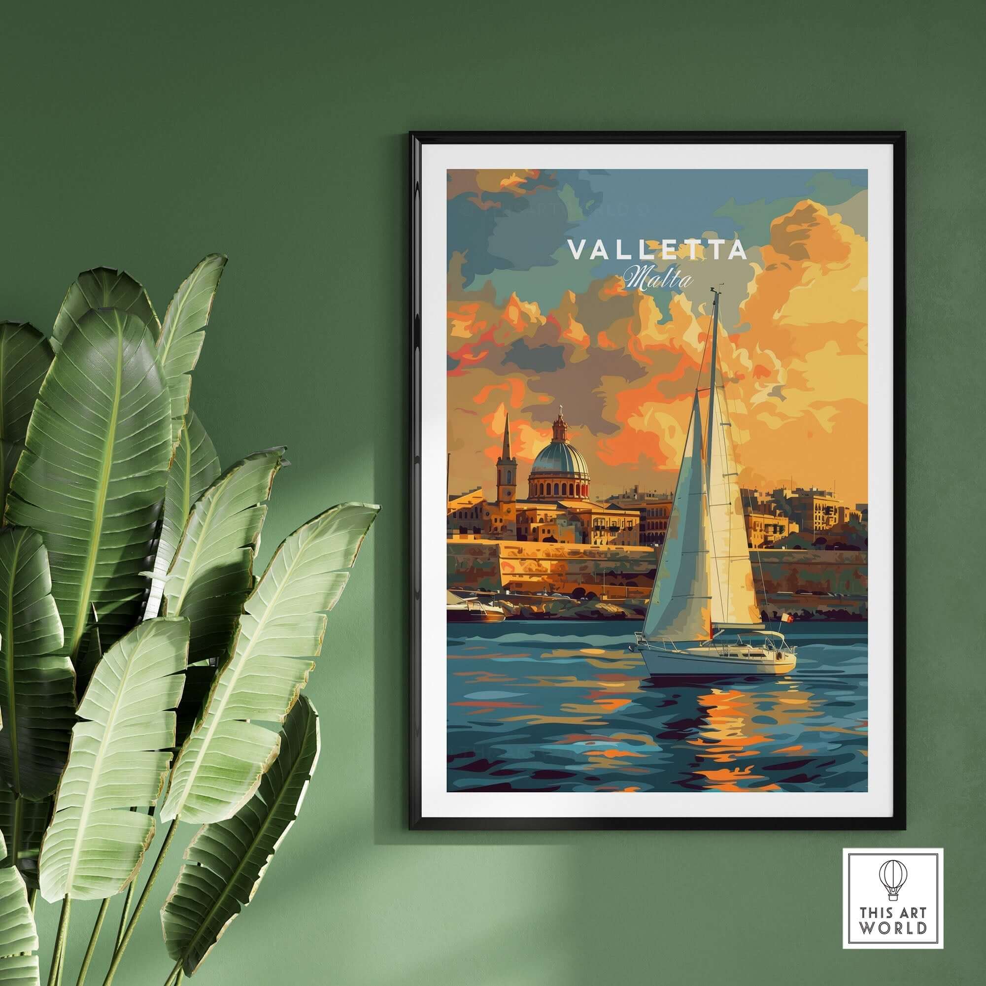 Valletta Malta Wall Art Print featuring a sailboat on a vibrant waterfront with charming architecture in the background.