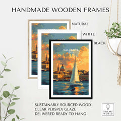 Handmade wooden frames in natural, white, and black for Valletta Malta Wall Art Print, sustainably sourced wood.