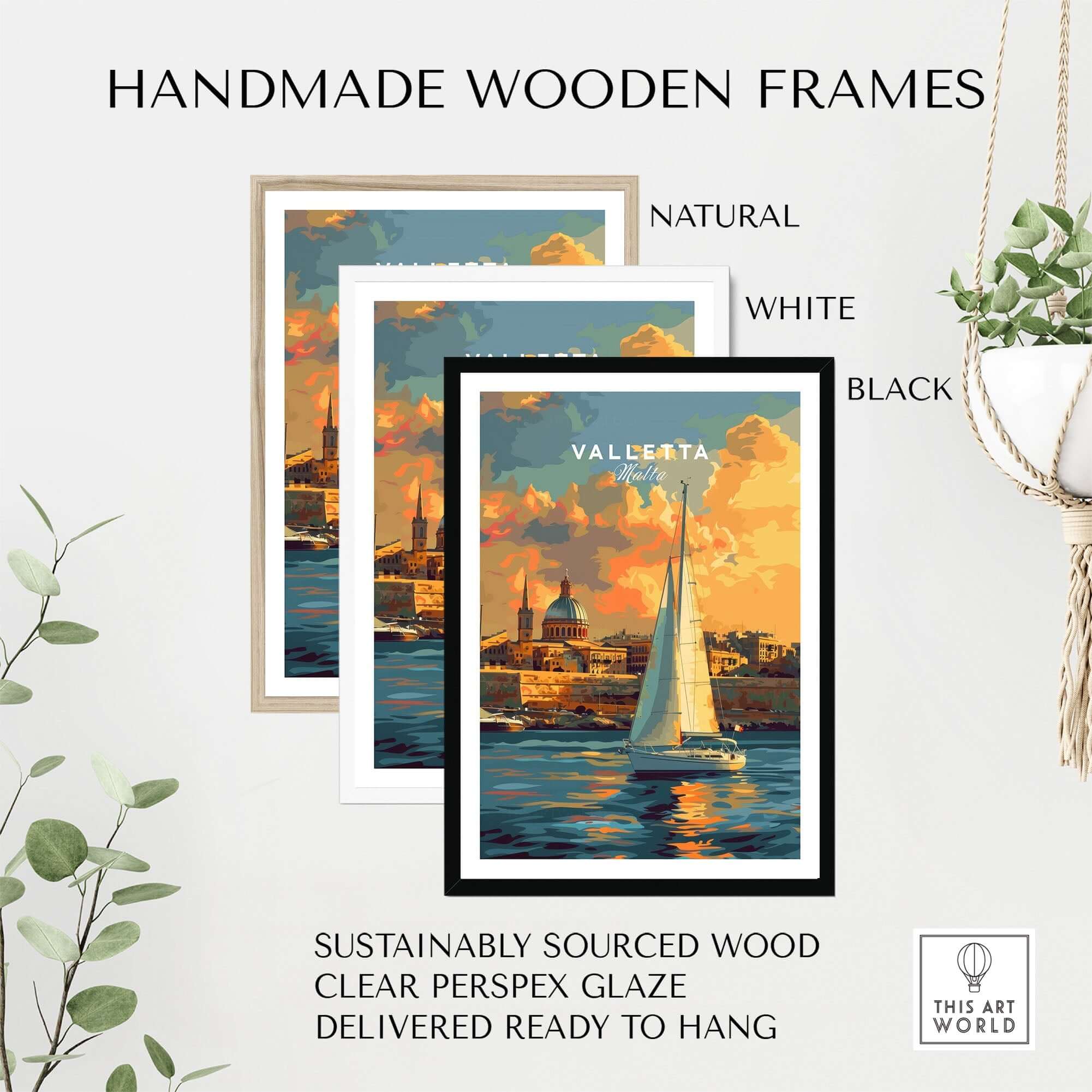 Handmade wooden frames in natural, white, and black for Valletta Malta Wall Art Print, sustainably sourced wood.
