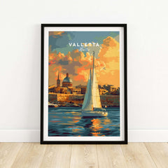 Valletta Malta Wall Art Print featuring a sailboat against a colorful sunset over Valletta's skyline.