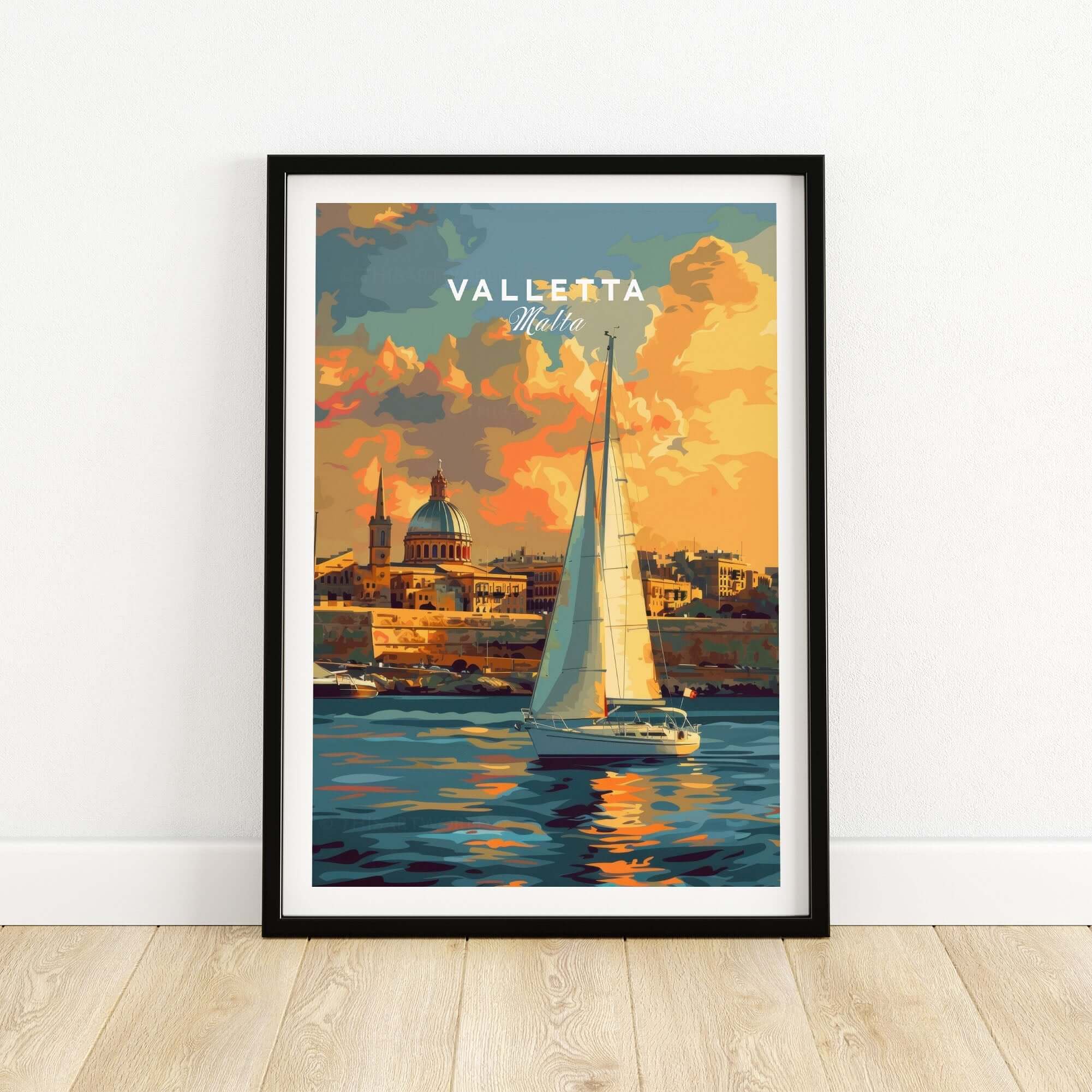 Valletta Malta Wall Art Print featuring a sailboat against a colorful sunset over Valletta's skyline.