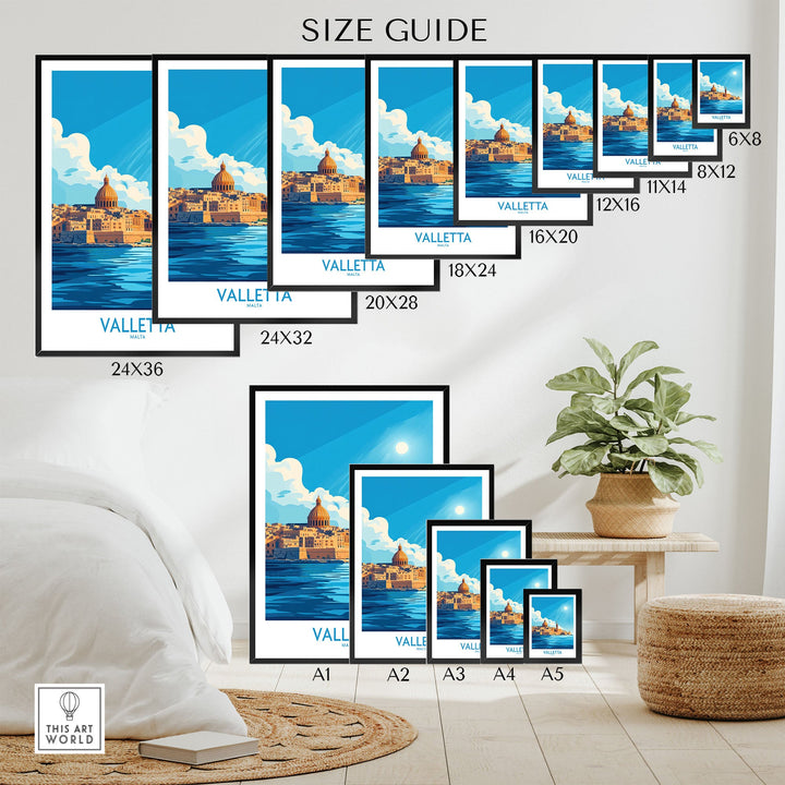 Valletta poster size guide showcasing various dimensions for stunning Mediterranean wall art.