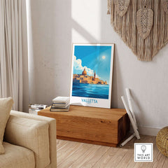 Valletta Poster framed in a stylish living room, showcasing the stunning view of Valletta, Malta.