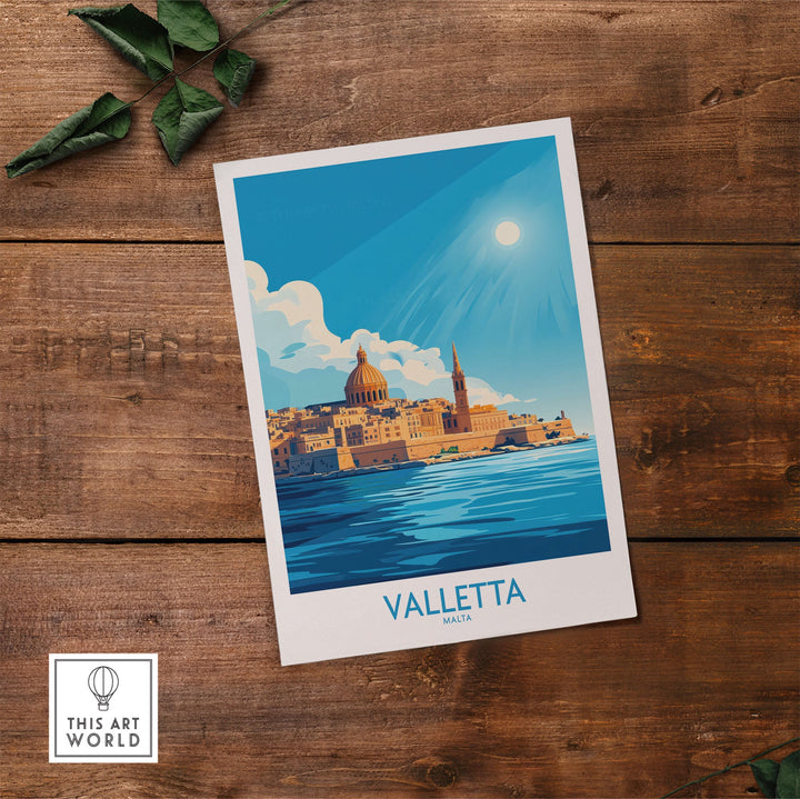 Valletta Poster with a scenic view of Malta's cityscape under a bright sun on a wooden surface. Perfect for travel enthusiasts.