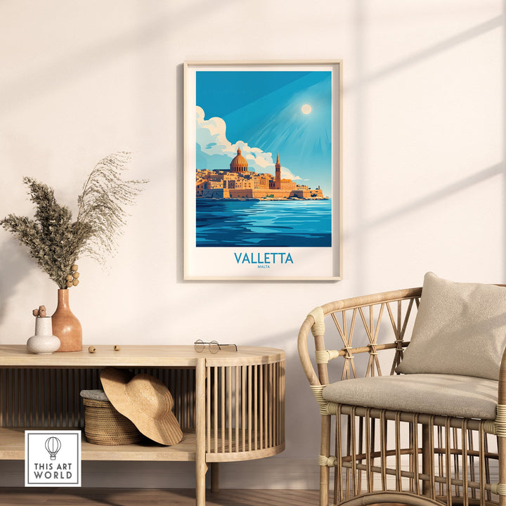 Valletta poster in a stylish room, showcasing Malta's beauty with a view of the Mediterranean city, inspiring travel and adventure.