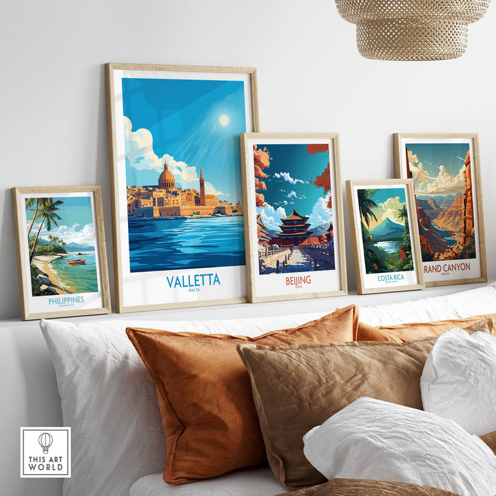 Valletta poster in a stylish room setting alongside travel posters of Beijing, Philippines, Costa Rica, and Grand Canyon.