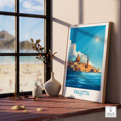 Valletta Poster showcasing the beautiful skyline of Valletta, Malta, displayed indoors with plants and a scenic window view.