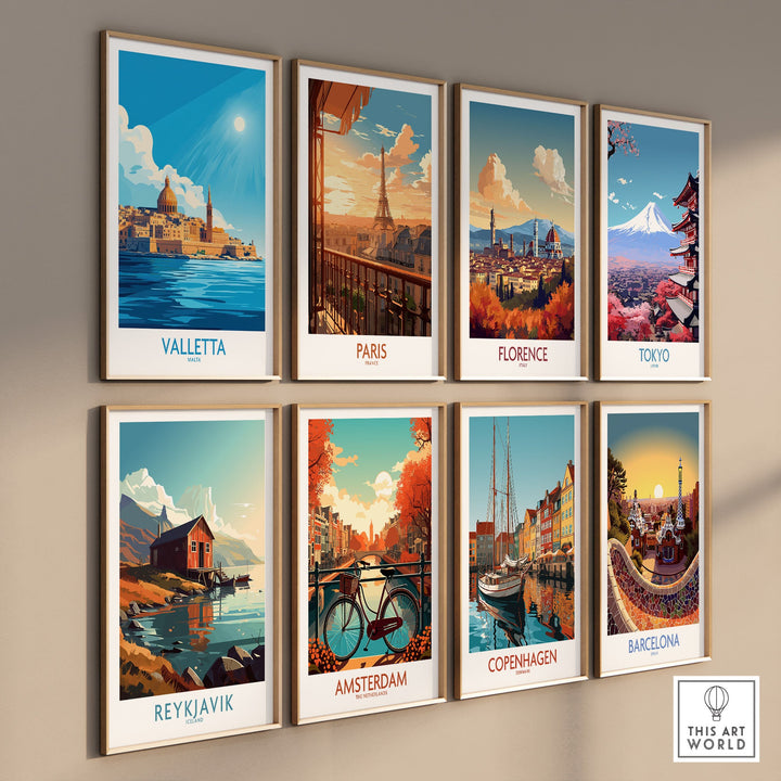 Wall display of travel posters featuring iconic cityscapes of Valletta, Paris, Florence, Tokyo, Reykjavik, Amsterdam, Copenhagen, and Barcelona.