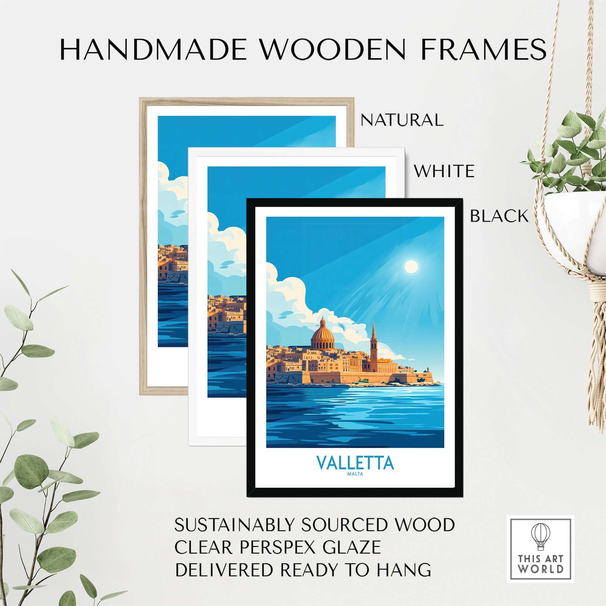 Handmade wooden frames for Valletta Poster in natural, white, and black colors, showcasing Malta's beauty.