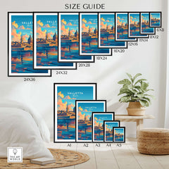 Valletta Poster Malta size guide showcasing various framing options and dimensions for the vibrant Valletta poster.