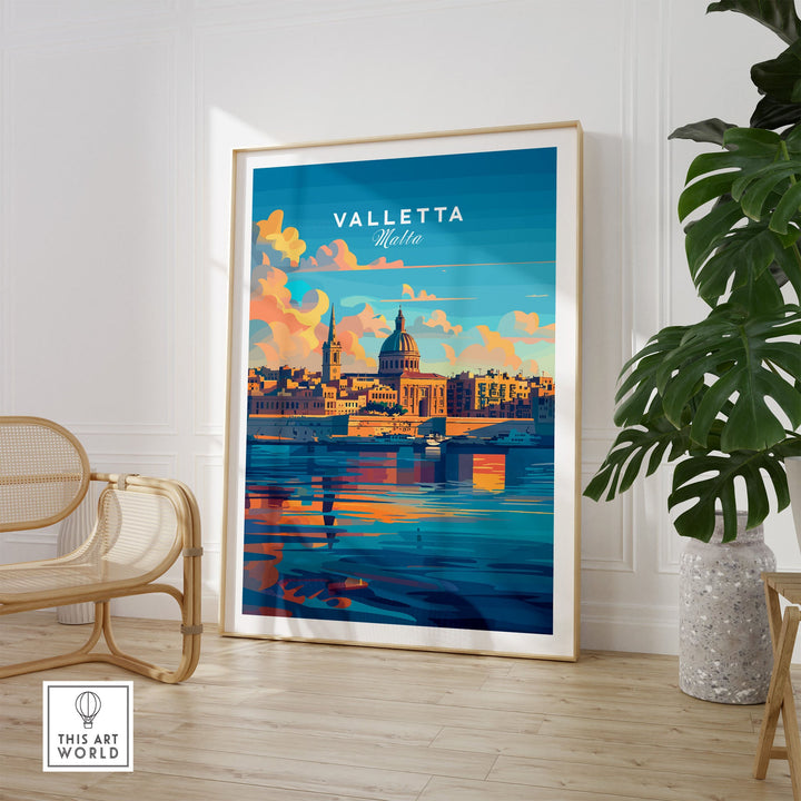 Valletta Malta poster with vibrant colors and cityscape, showcasing historic architecture for travel and culture lovers