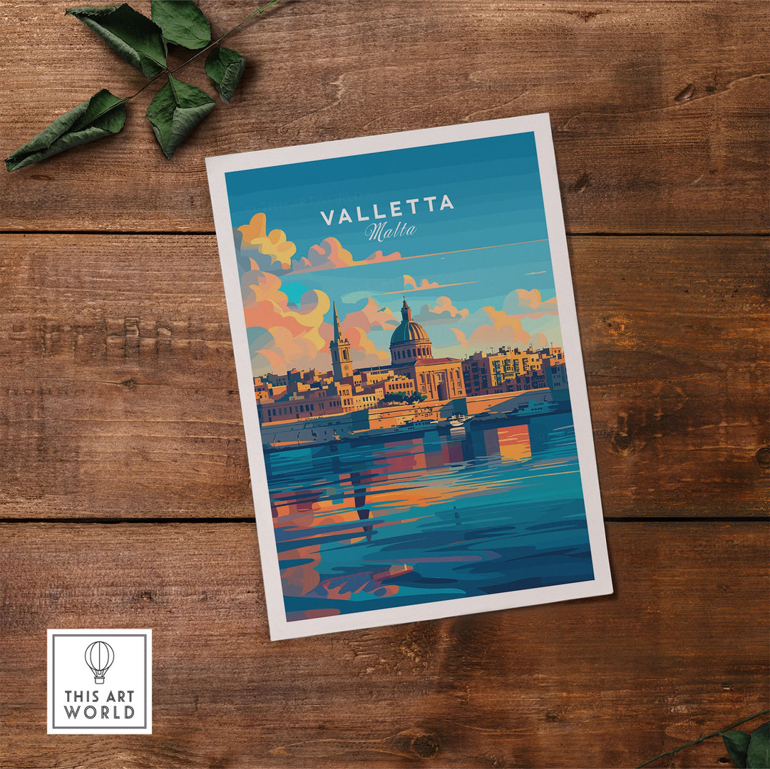 Valletta Poster Malta with vibrant colors depicting the historic city's skyline, perfect for travel and culture lovers.