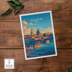 Valletta Poster Malta showcasing a vibrant illustration of the historic cityscape and waterfront.
