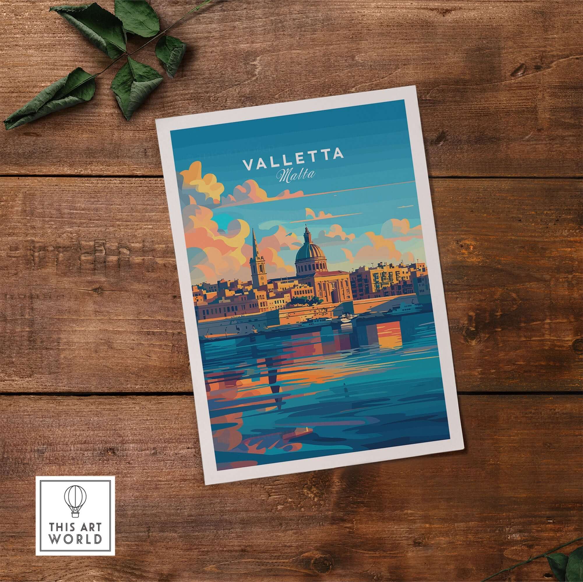 Valletta Poster Malta showcasing a vibrant illustration of the historic cityscape and waterfront.