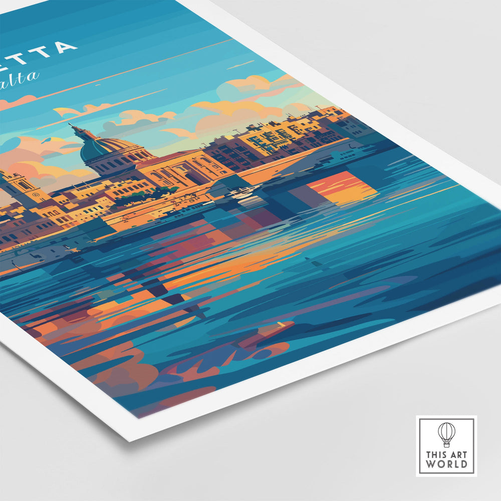 Valletta poster showcasing vibrant colors and intricate cityscape details, highlighting the beauty of Malta's historic capital.