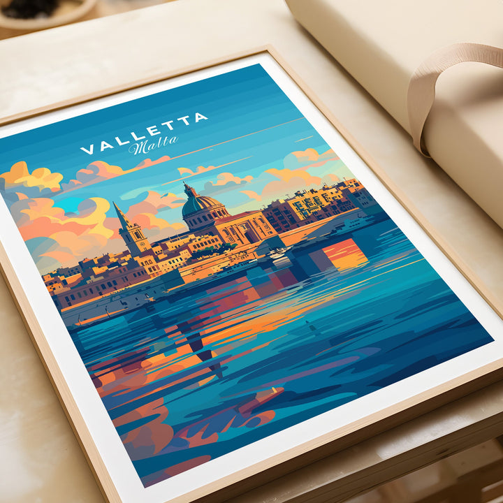 Vibrant Valletta Malta poster with colorful skyline, showcasing historic architecture and reflecting waters. Perfect Malta travel print.