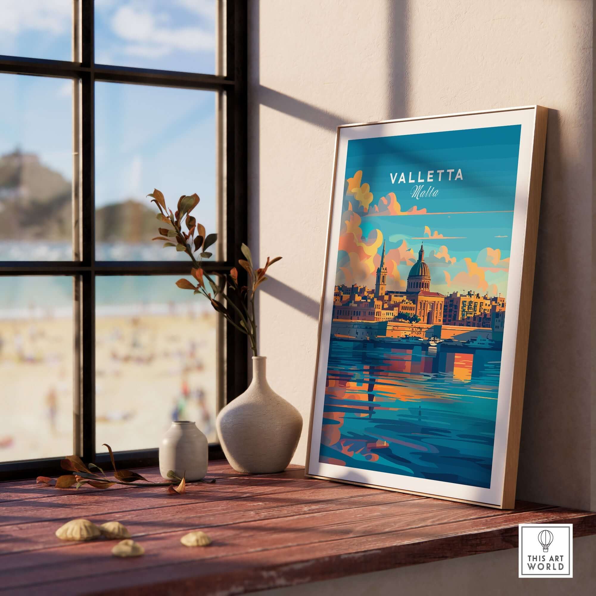 Valletta Poster Malta displayed by a window, showcasing the vibrant colors of Valletta, Malta's historic city.