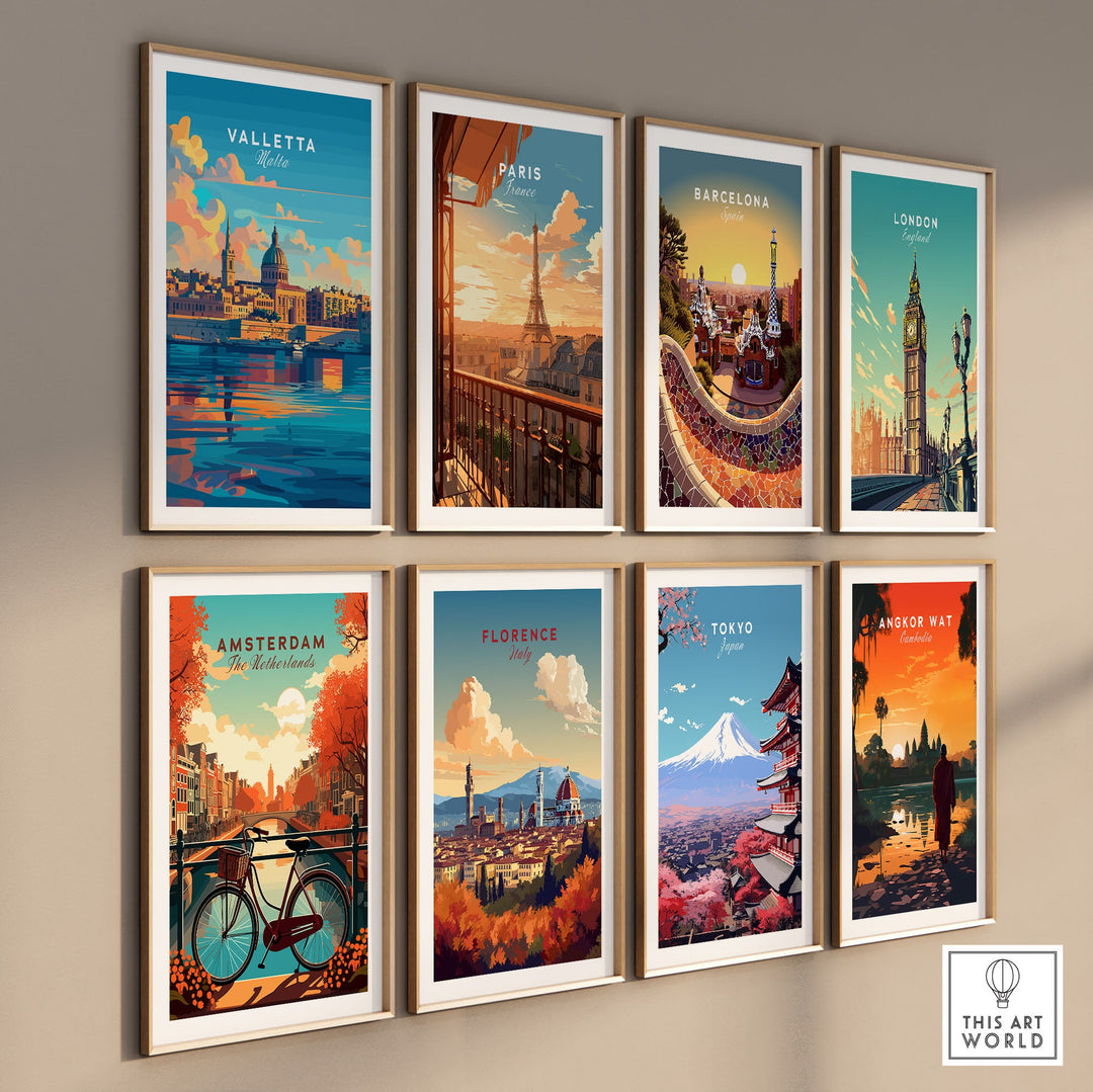 Wall display of travel posters featuring cities like Valletta, Paris, Barcelona, London, Amsterdam, Florence, Tokyo, and Angkor Wat.