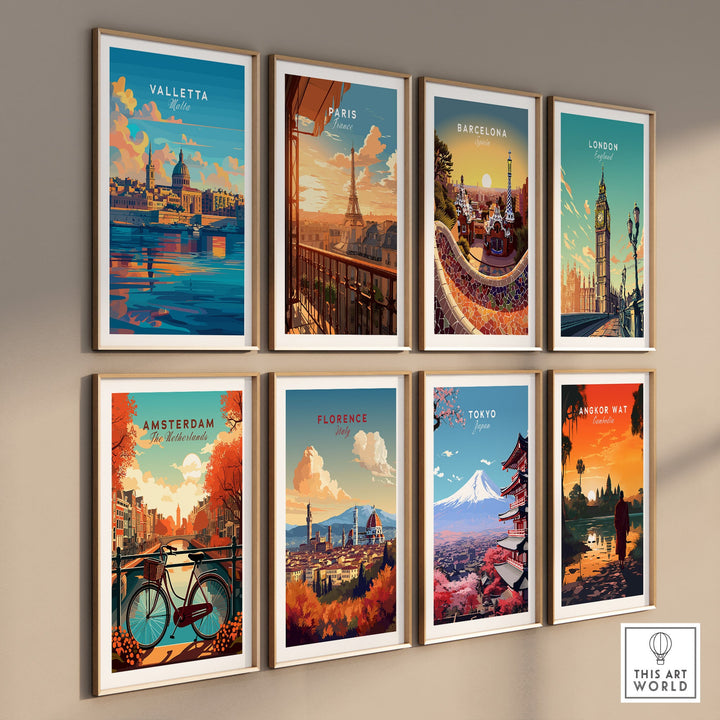 Wall display of travel posters featuring cities like Valletta, Paris, Barcelona, London, Amsterdam, Florence, Tokyo, and Angkor Wat.