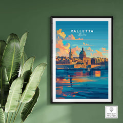 Valletta Poster Malta showcasing vibrant colors and historic architecture on a green wall.