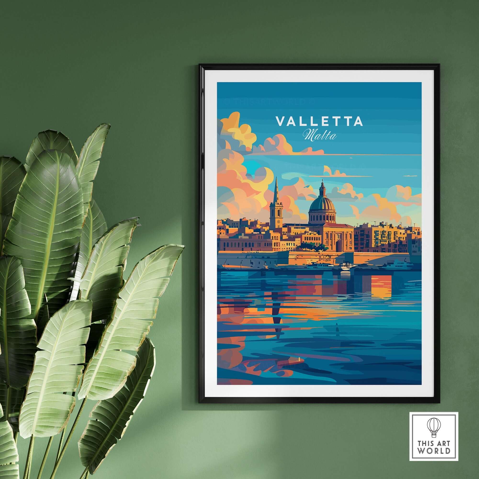 Valletta Poster Malta showcasing vibrant colors and historic architecture on a green wall.