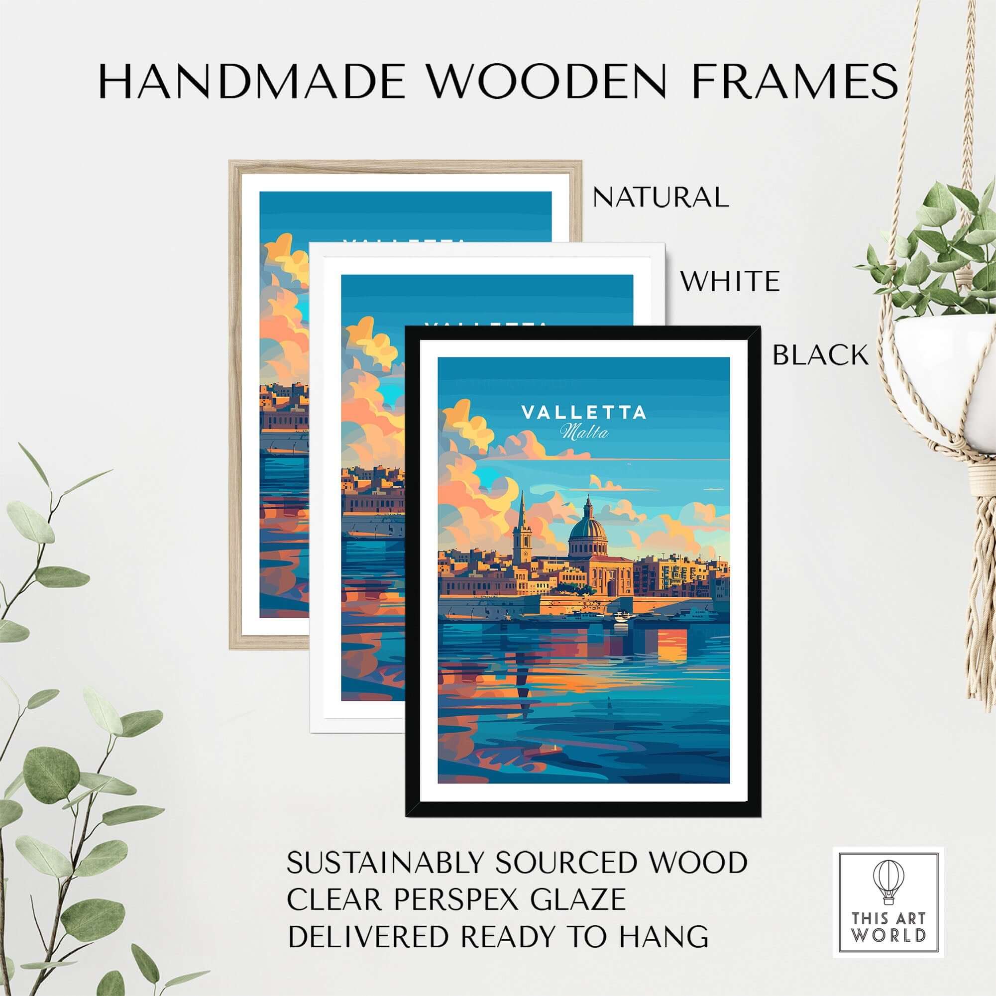 Valletta Poster Malta in handmade wooden frames, featuring natural, white, and black options, ready to hang.
