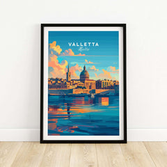Valletta Poster Malta showcasing the vibrant colors and beautiful architecture of Valletta, Malta against a blue sky.
