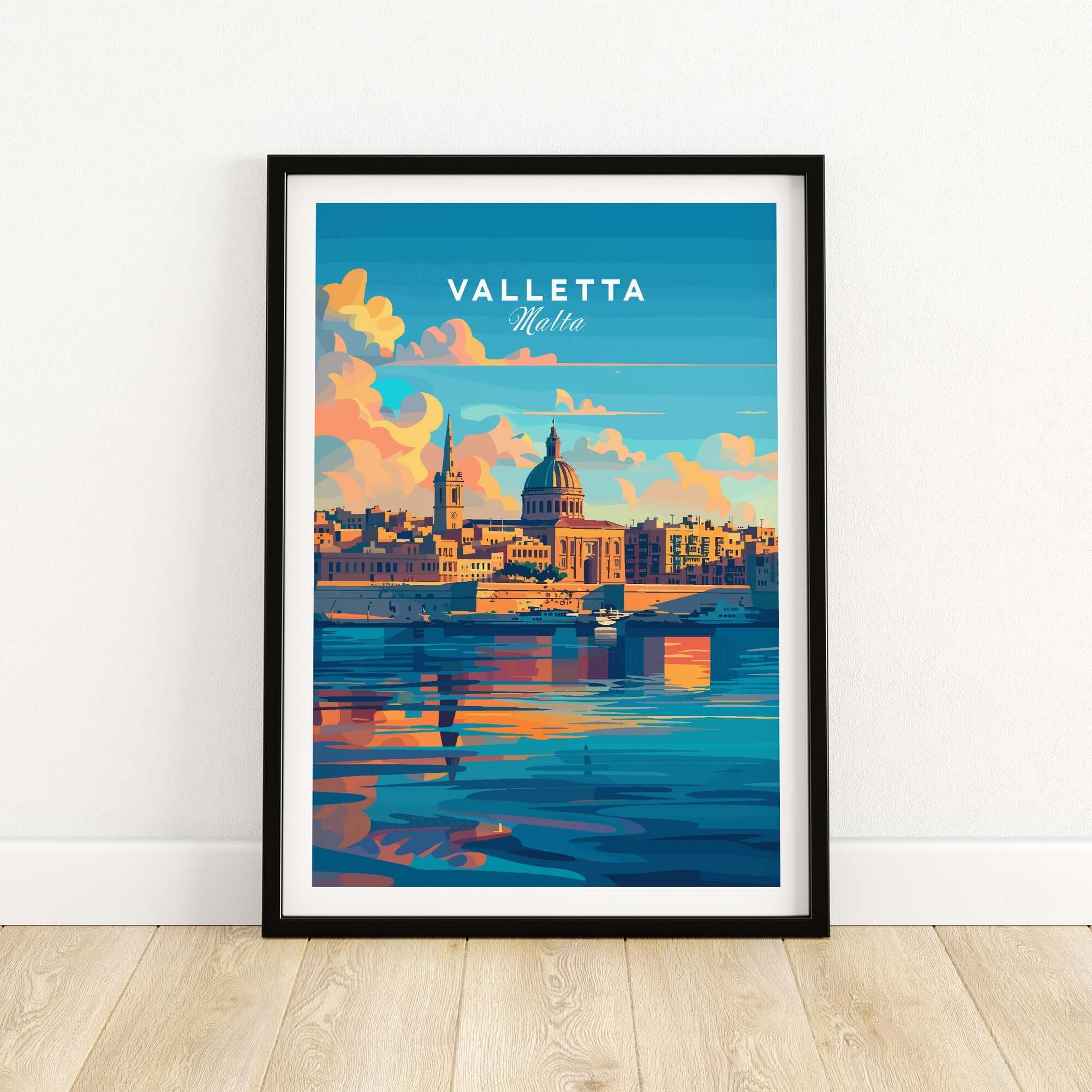 Valletta Poster Malta showcasing the vibrant colors and beautiful architecture of Valletta, Malta against a blue sky.