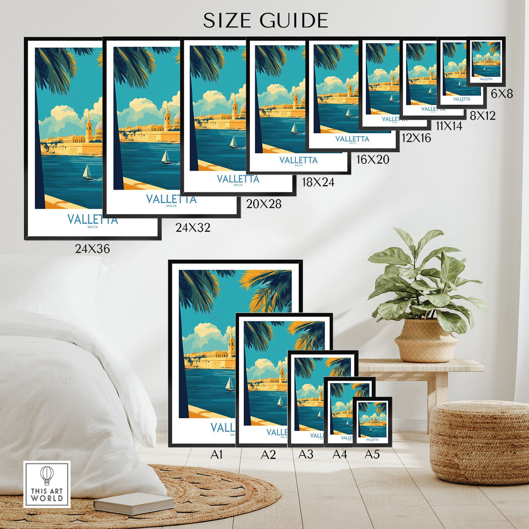 Valletta Print poster size guide displaying various framed options showcasing Malta's picturesque skyline architecture