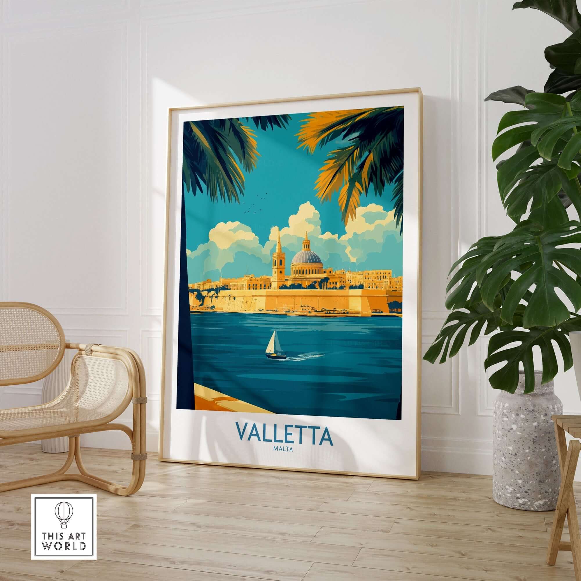 Valletta Print poster featuring Malta's skyline with palm trees and a sailboat in a stylish room setting.