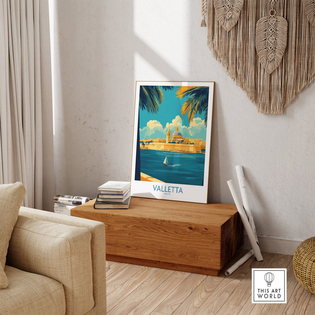 Poster of Valletta featuring Malta's city skyline, adding a touch of wanderlust to room decor. Malta travel print displayed on wooden bench.