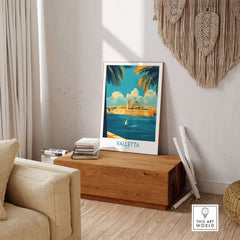 Valletta Print showcasing Malta's skyline in a stylish living room setting, perfect for home decor.