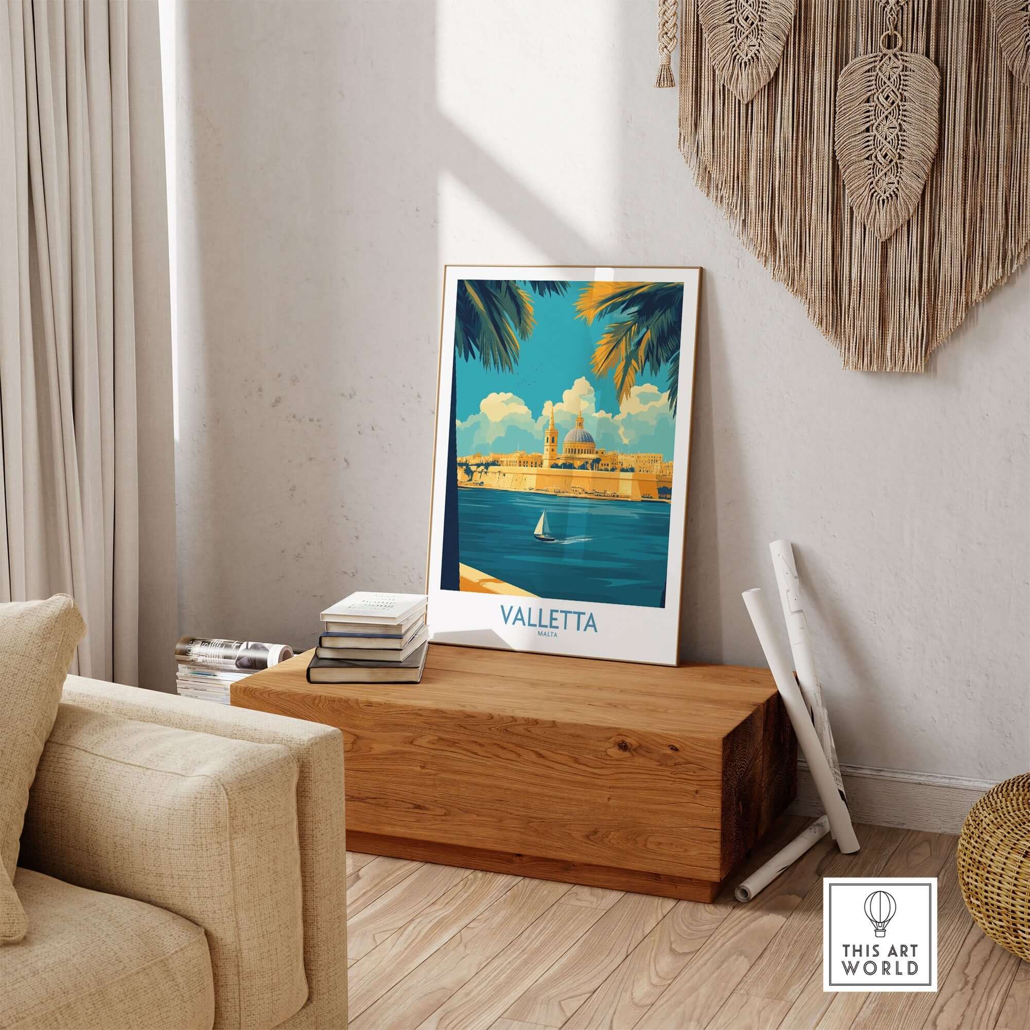 Valletta Print showcasing Malta's skyline in a stylish living room setting, perfect for home decor.