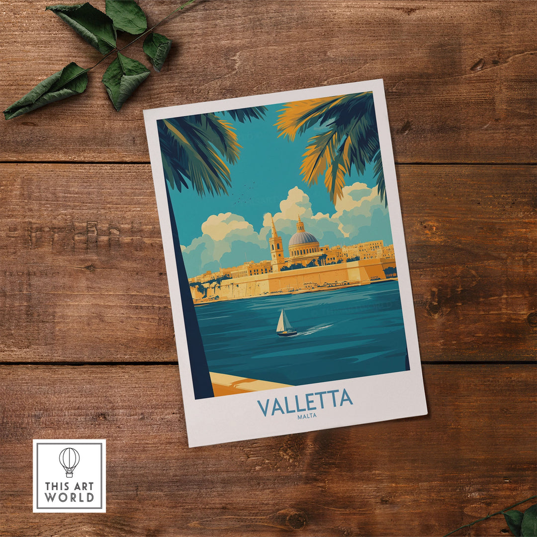 Valletta Print poster on wooden surface, showcasing Malta's city skyline with a sailboat and palm trees, perfect for travel lovers.