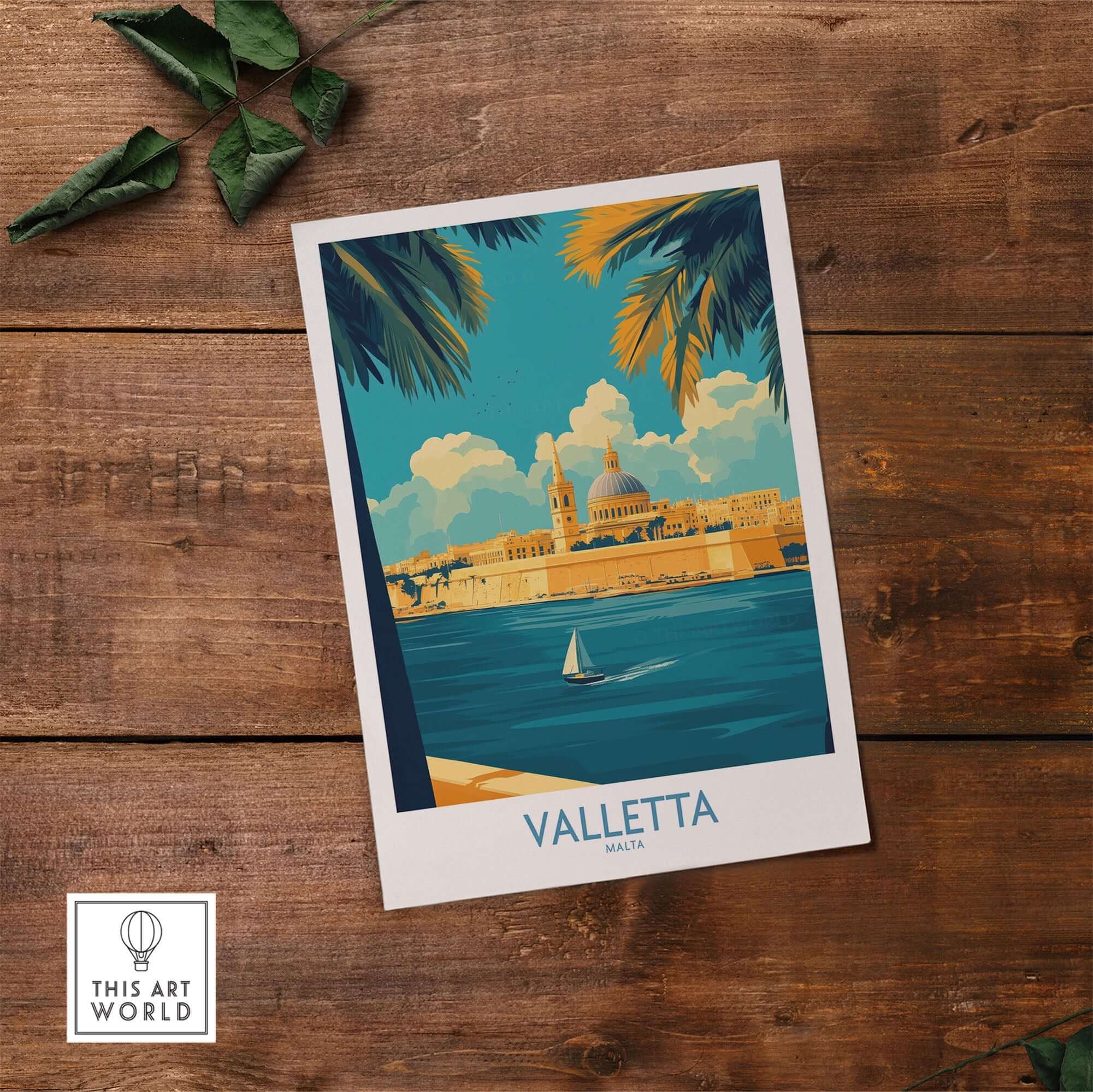 Valletta Print showcasing Malta's skyline and harbor with a sailboat, perfect for home decor.