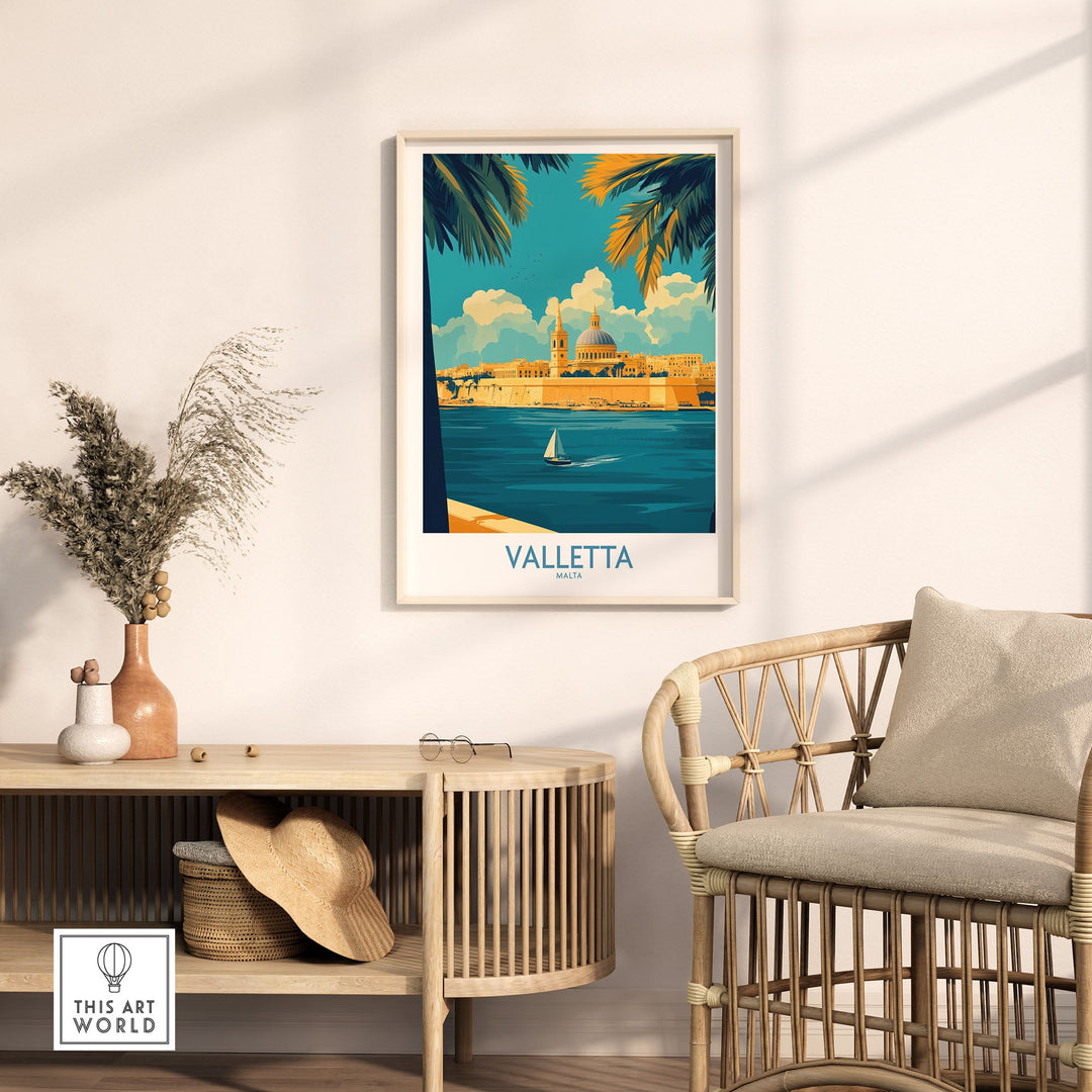 Valletta Print poster displaying Malta's skyline, with cozy interior decor including a wicker chair and console table in a sunlit room.