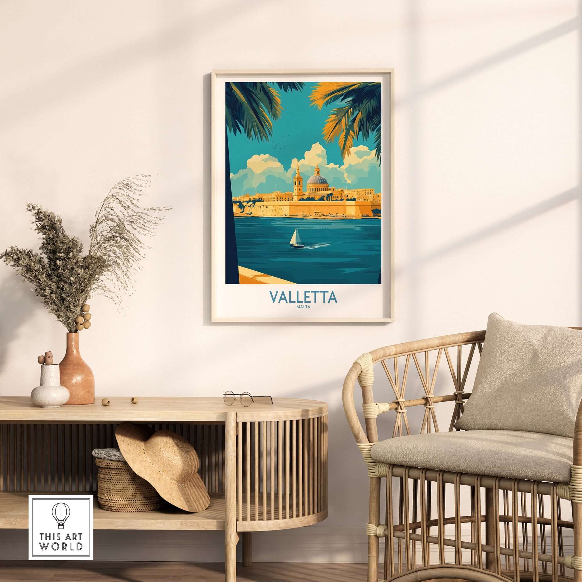 Valletta Print showcasing the skyline and architecture of Valletta, Malta, displayed in a stylish home setting.