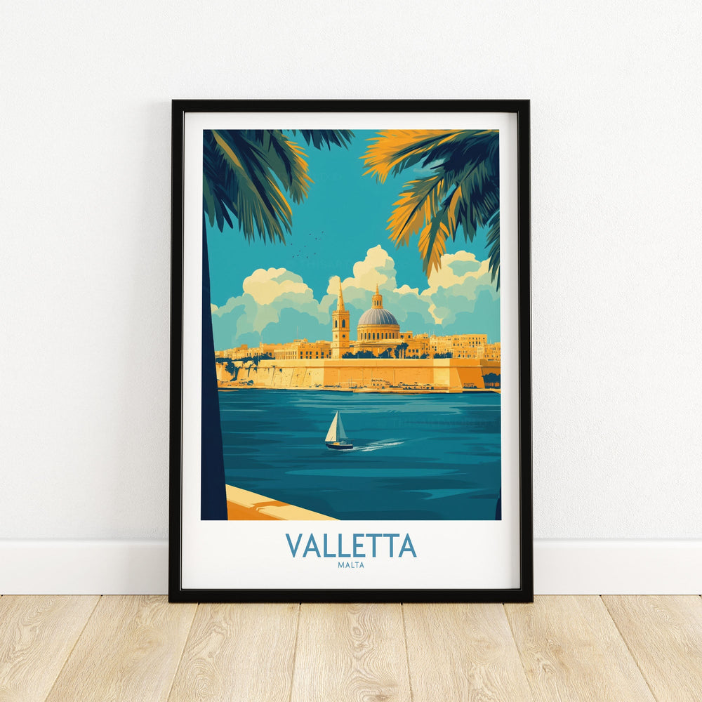 Valletta Print featuring Malta's skyline and architecture with a tranquil sailboat, perfect for home decor and travel inspiration.