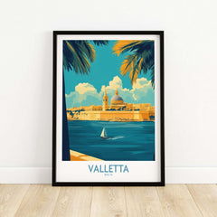 Valletta Print featuring Malta's skyline with a sailboat on the water, perfect for travel enthusiasts.