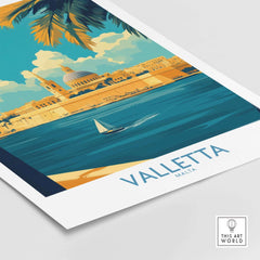 Valletta Print showcasing Malta's stunning skyline with a sailboat on the water, perfect for travel decor.
