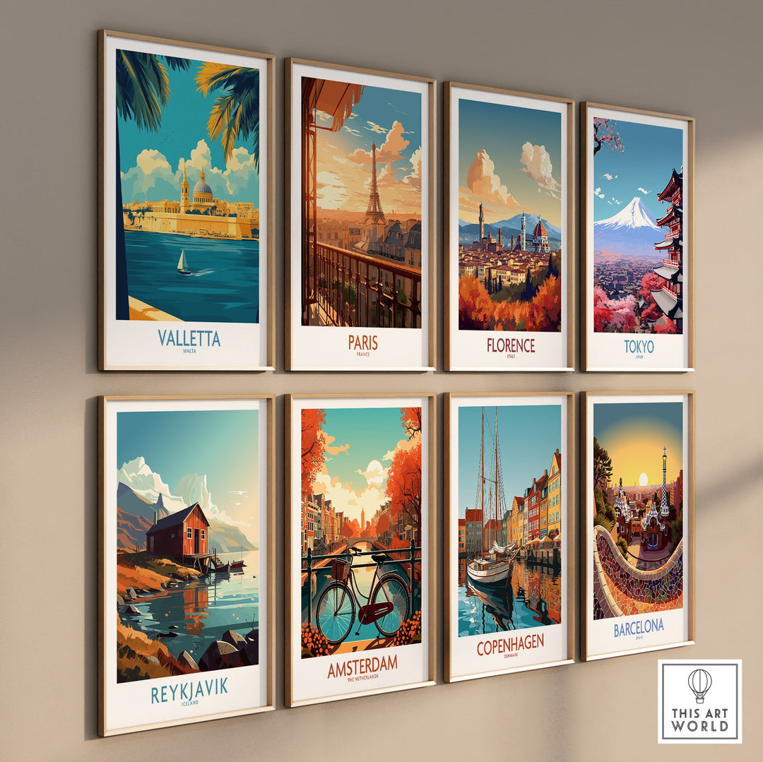 Wall display of vibrant cityscape travel posters including Valletta, Paris, Florence, Tokyo, Reykjavik, Amsterdam, Copenhagen, and Barcelona.