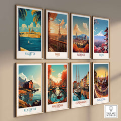Wall display of travel posters featuring Valletta Print and other iconic cities like Paris and Florence.