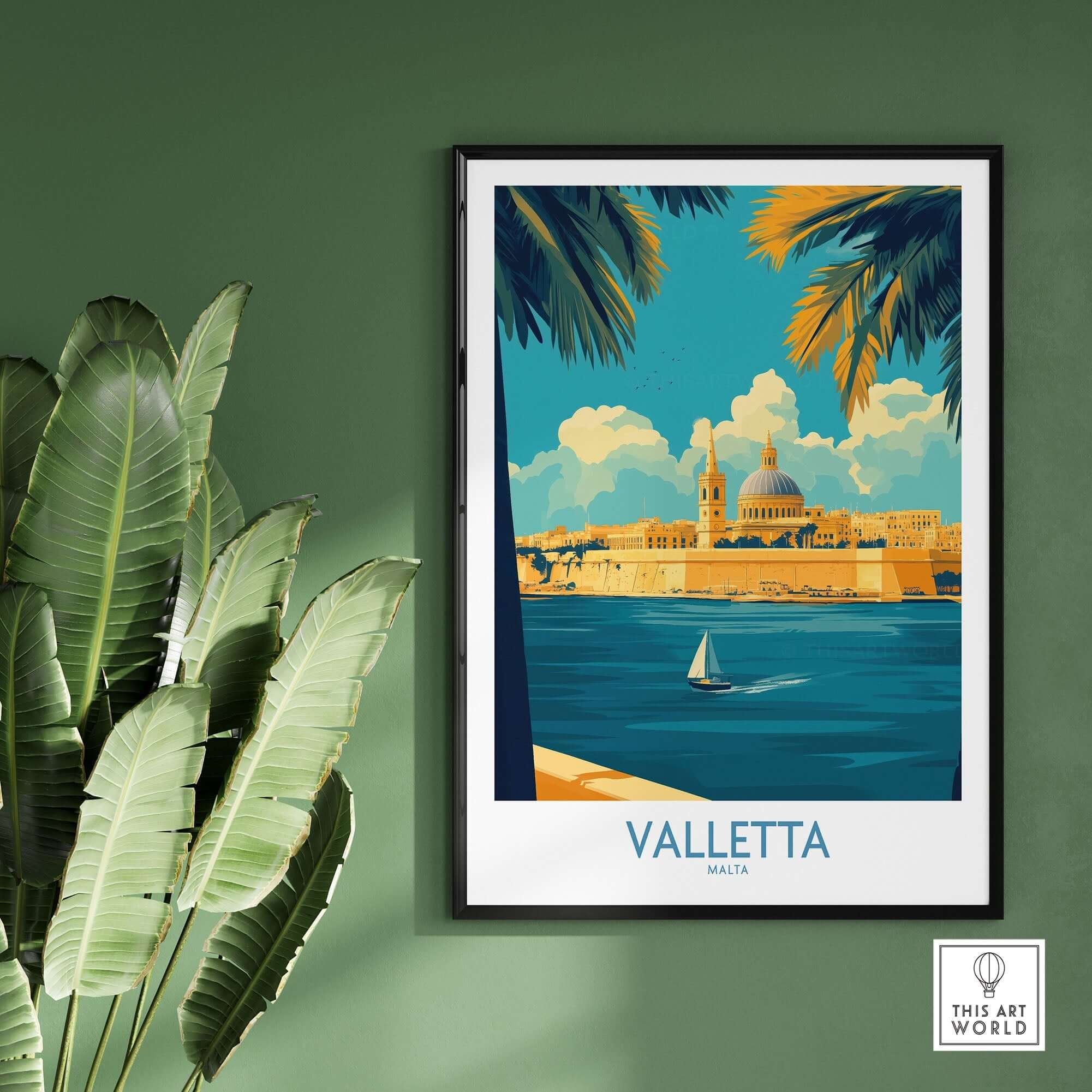 Valletta Print showcasing Malta's skyline with palm leaves and a boat in the foreground.