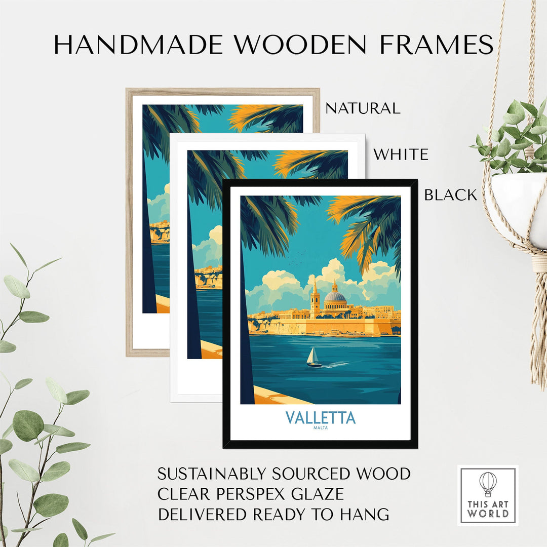 Valletta Print with Handmade Wooden Frames in natural, white, and black options, featuring Malta city skyline, delivered ready to hang.